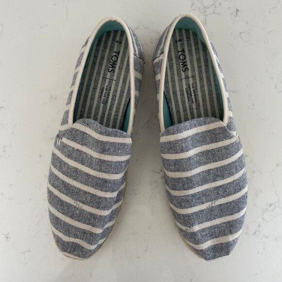 TOMS Alpargata Rope Slip On Stripe Recycled Canvas Shoe Blue Off Wht Sz 9 NWOT - Picture 2 of 13